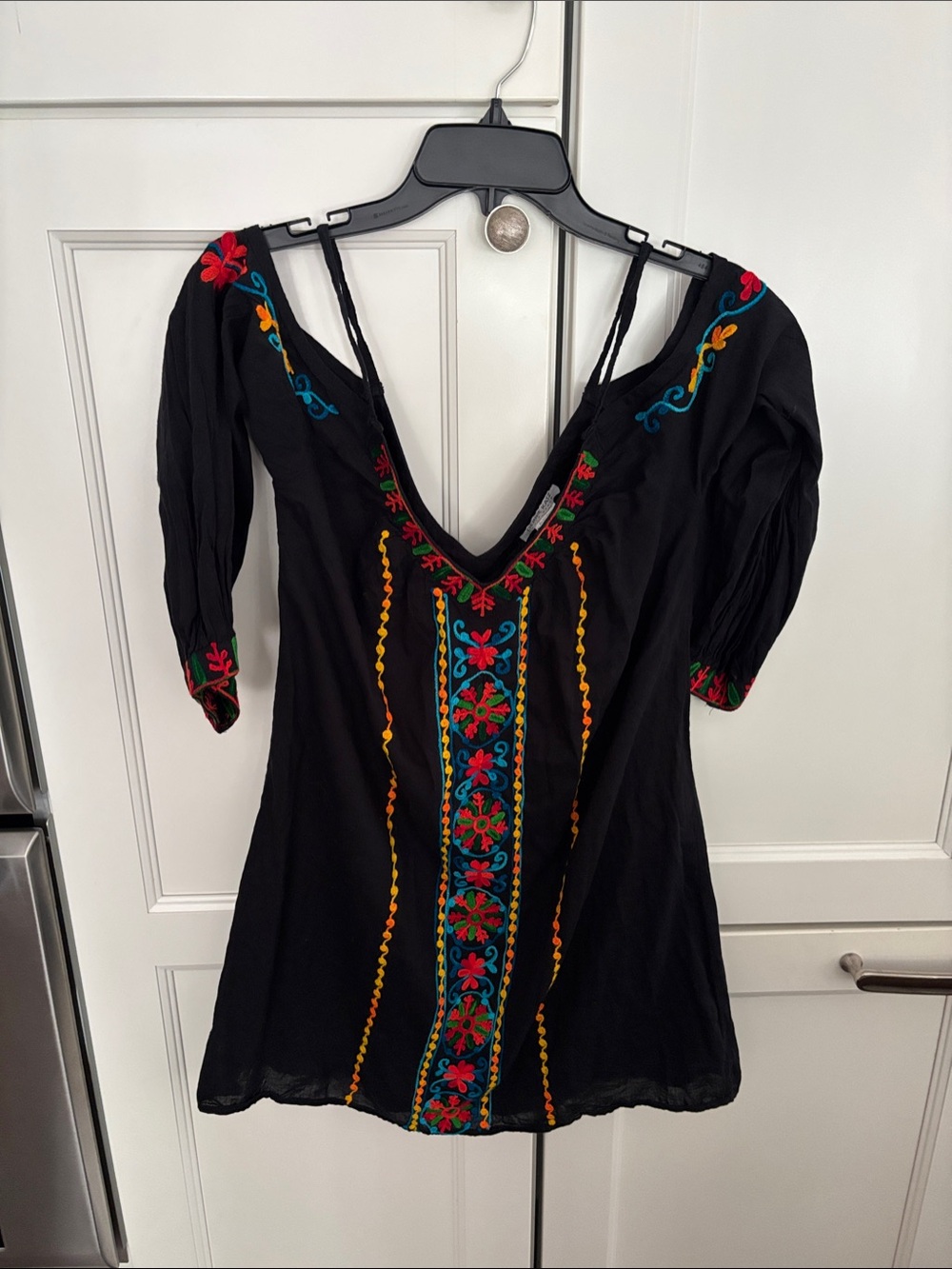 Black Embroidered V-Neck Tunic dress/ beach coverup/ with Multicolor Floral Trim